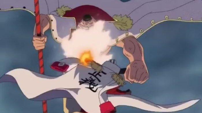 Akainu memukul Shirohige di One Piece.