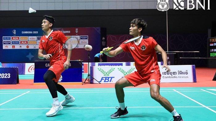 Penampilan Bagas/Fikri pada final badminton beregu putra SEA Games 2023 di Badminton Hall Stadion Morodok Techo, Pnom Penh, Kamboja pada Kamis (11/5/2023) sore.