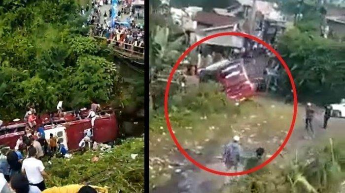 Bus pariwisata yang mengangkut peziarah asal Tangerang, Banten terjun ke sungai di kawasan wisata Guci, Kabupaten Tegal, Jawa Tengah, Minggu (7/5/2023) pagi sekira pukul 08.30 WIB.