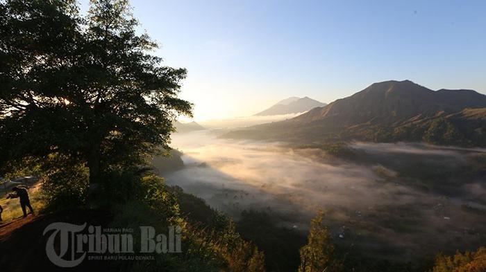 Pemandangan matahari terbit dibalut halimun membungkus hamparan pohon dari atas bukit Desa Pinggan, Kintamani, Bangli, Bali, Kamis (8/9/2016).