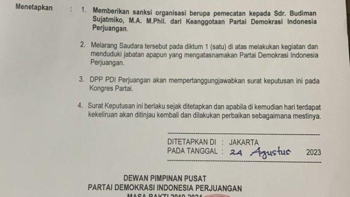 Surat pemecatan dari DPP PDI-P terhadap Budiman Sudjatmiko yang ditandatangani oleh Ketum PDI-P Megawati Soekarnoputri dan Sekjen PDI-P Hasto Kristiyanto, Kamis (24/8/2023).