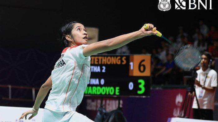 Penampilan Ester Nurumi Tri Wardoyo pada final Badminton Beregu Putri SEA Games 2023 di Badminton Hall Stadion Morodok Techo, Pnom Penh, Kamboja Kamis (11/5/2023).