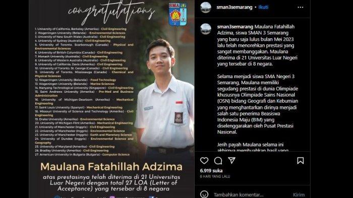 Profil Maulana Fatahillah Adzima, siswa SMAN 3 Semarang yang berhasil lolos di 21 Universitas Top Luar Negeri