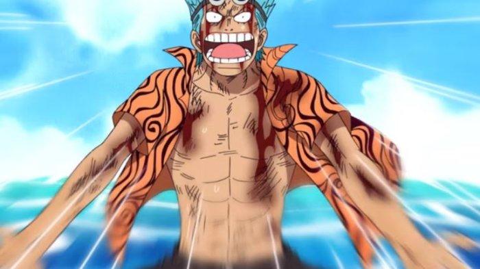Franky berteriak dalam keadaan tubuh manusianya dalam One Piece