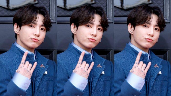 Jungkook dari <a href='https://www.tribunnewswiki.com/tag/bts' class='blue'>BTS</a> menghadiri Penghargaan GRAMMY Tahunan ke-64 di MGM Grand Garden Arena pada 03 April 2022 di Las Vegas, Nevada. Frazer Harrison/Getty Images untuk The Recording Academy/AFP