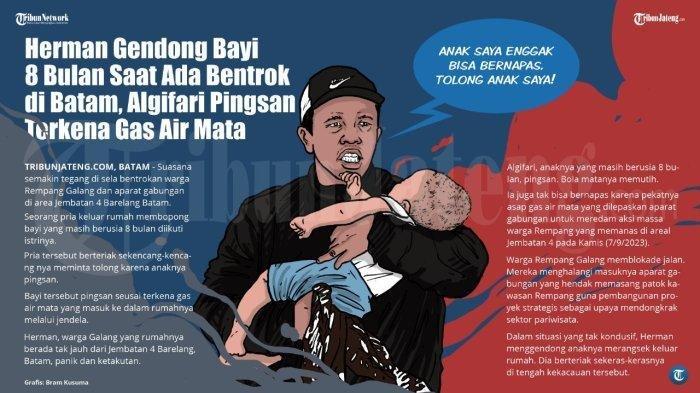 Grafis Kerusuhan Pulau Rempang Batam.
KISAH Viral Ayah Gendong Bayinya yang Pingsan Kena Gas Air Mata saat Bentrok di Rempang Batam