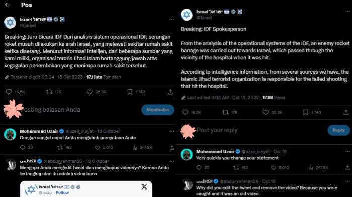 KEBOHONGAN Israel Soal Ledakan Rumah Sakit di Gaza, Malah Tuduh Palestina yang Kirim Roket
Tangkap Layar kebohongan Israel dan edit tweet di media sosial X