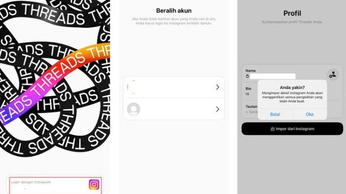 Tampilan proses login Threads yang terhubung dengan Instagram.