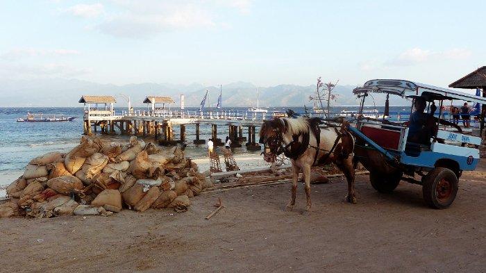 Pemandangan Trawangan Pier dan sebuah Cidomo, transportasi lokal.