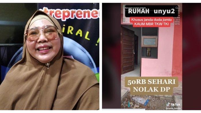 Kolase Foto Tante Bestie dan tangkapan layar tiktok Tante Bestie. Sosok Tante Bestie belakangan viral di media sosial karena membangun perumahan buat anda dan duda. Cukup nabung Rp 50 ribu/hari di kaleng biskuit.