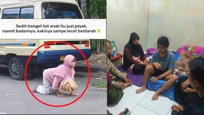 Tangkapan layar video yang menggambarkan anak berjualan rempeyek sambil merangkak viral di media sosial (kiri). Jajaran Pemkot Surabaya mendatangi rumah keluarga Cyntya, anak yang jualan peyek sambil merangkak, Rabu (19/7/2023) malam.
