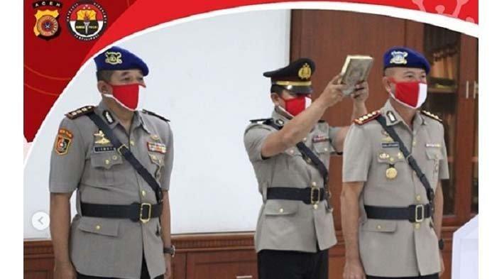 Dirpolairud Polda Aceh yang baru, Kombes Pol Soelistijono diambil sumpah saat prosesi sertijab yang dilaksanakan di Mapolda Aceh, Kamis (25/6/2020) pagi. Sementara Kombes Jemmy Rosdiantoro mantan Dirpolairud Polda Aceh, mendapat promosi mengisi jabatan sebagai Kapusdiklatpolair Lemdiklat Polri.