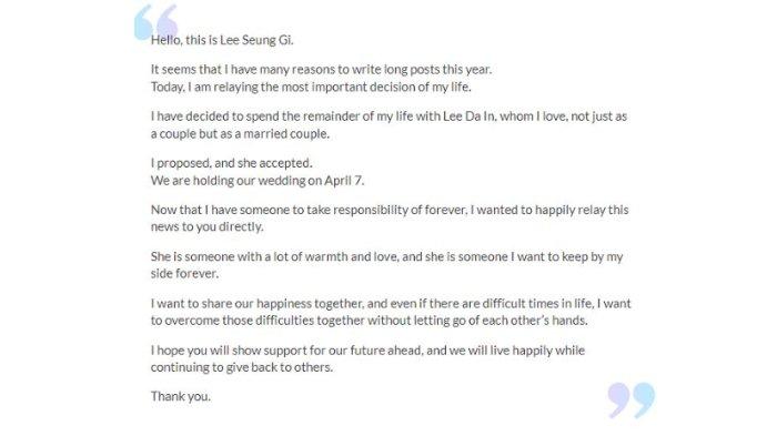 Pengumuman yang diberikan oleh Lee Seung Gi