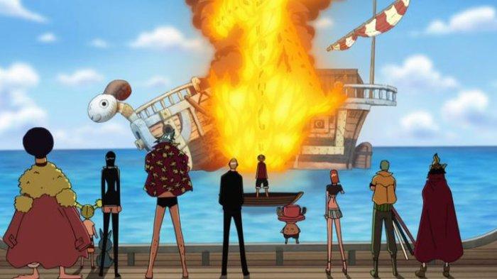 Para kru menyaksikan Going Merry terbakar di One Piece