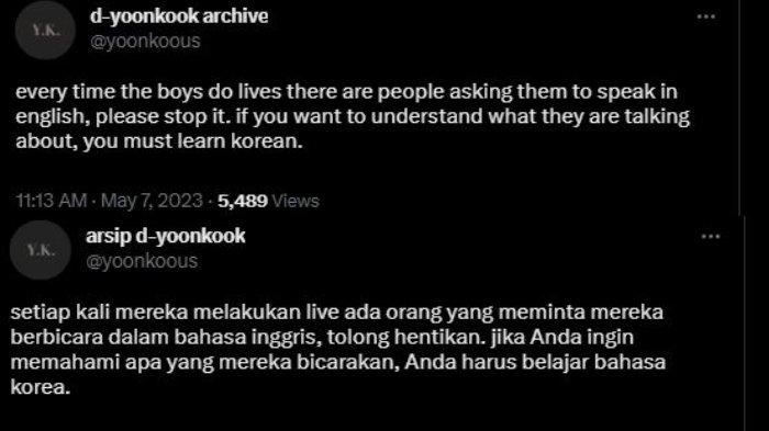Tweet yang meninta BTS untuk berbicara Bahasa Inggris