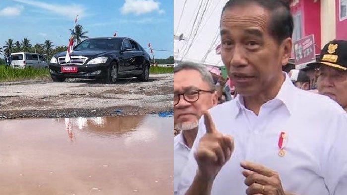 Mobil Kepresidenan Jokowi saat melintasi jalan rusak di Lampung pada Jumat (5/5/2023).