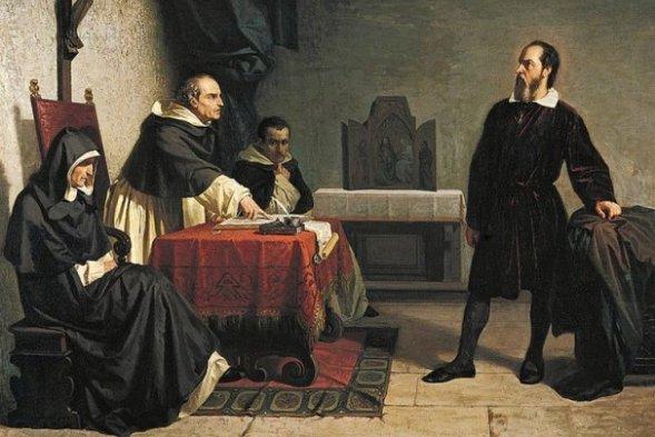 Sebuah lukisan karya Cristiano Bangti (1857) menggambarkan Galileo Galilei sedang menghadapi inkuisisi Gereja Katolik di Roma