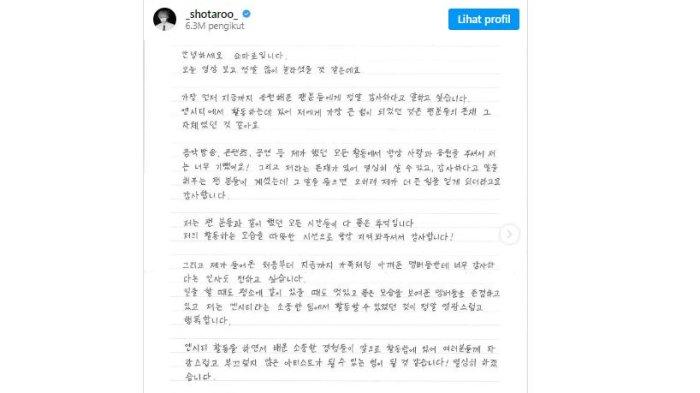 Surat Shotaro untuk penggemar usai keluar dari NCT