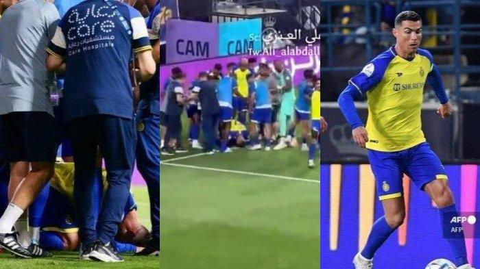 Foto Kiri: Ronaldo Sujud Syukur usai cetak gol. Foto Kanan: Penyerang Portugal Nassr Cristiano Ronaldo dijaga oleh gelandang Saudi Taawoun Saad al-Nasser selama pertandingan sepak bola Liga Pro Saudi antara Al-Nassr dan Al-Taawoun di Taman Mrsool di Riyadh pada 17 Februari 2023. Para pemain Al Nassr menjadikan Cristiano Ronaldo sebagai teladan soal pola makan dan latihan yang dijalani. (AFP)