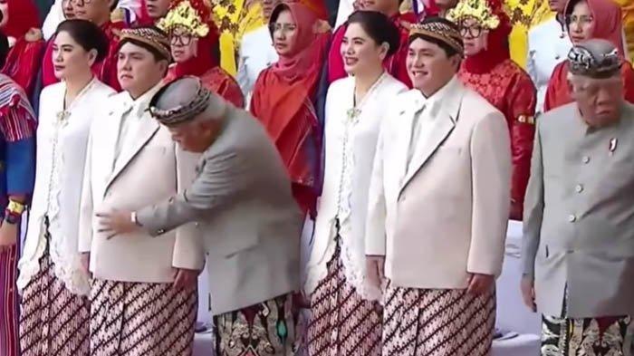 Tingkah Kocak Menteri PUPR Basuki Hadimuljono yang menggoda Menteri BUMN Erick Thohir di sela-sela pelaksanaan Upacar HUT ke 78 Republik Indonesia pada Kamis 17 Agustus 2023.