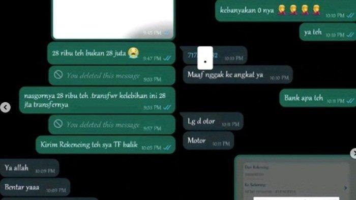 Tangkapan layar chat penjual nasi goreng ke pembeli yang tak sengaja transfer Rp28 juta.