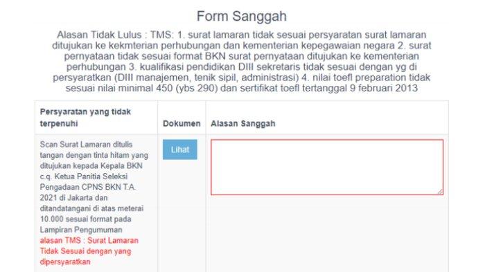 Tangkapan layar form masa sanggah CPNS 2021.