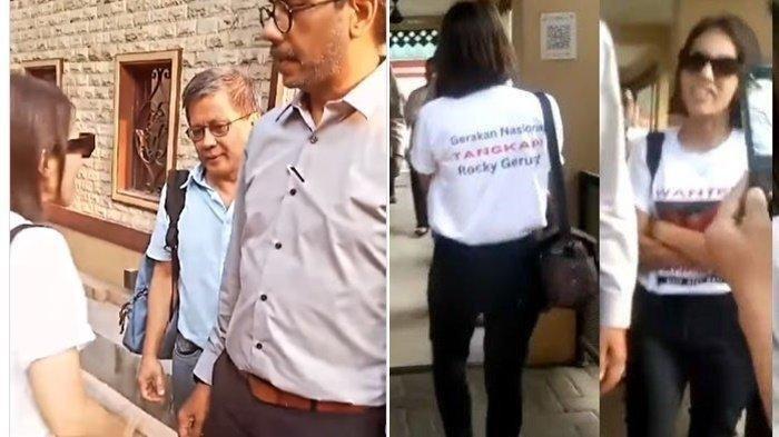 Teriak wanita yang menggunakan baju putih bertuliskan 'Gerakan Nasional Tangkap Rocky Gerung' menuding pengamat politisi sebagai pemecah belah bangsa
