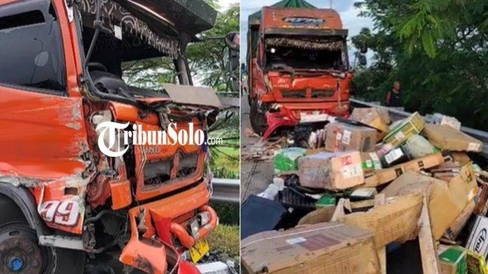 Kondisi kendaraan yang terlibat kecelakaan maut di Tol Semarang - Solo, Kecelakaan yang terjadi di KM 487+600. Paket terlihat berserakan.