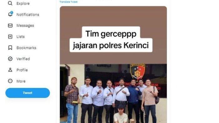 Tangkapan layar twit yang menginformasikan bahwa TikToker Popo Barbie ditangkap Polres Kerinci karena kasus video viral tidak senonoh dengan patung manekin