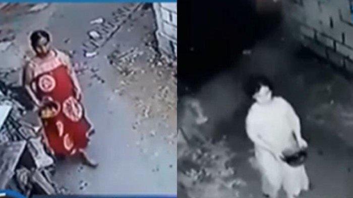 Tangkapan layar rekaman CCTV ibu-ibu kepergok membuang sampah hingga cairan diduga air kencing ke rumah tetangga