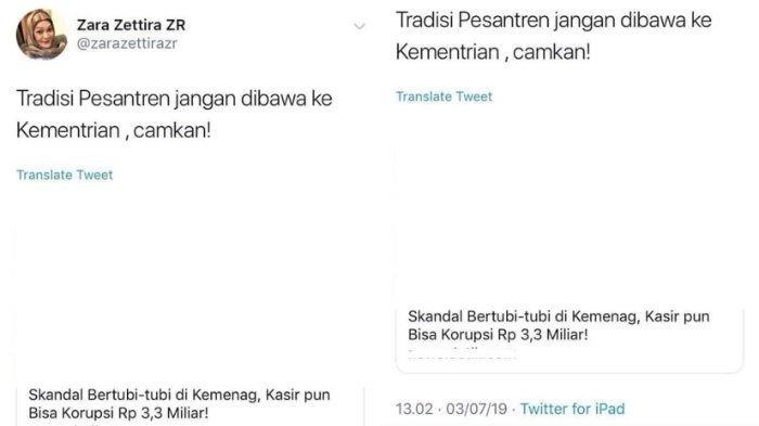 Cuitan politisi Zara Zettira yang diduga menghina pesantren, Rabu (3/7/2019)