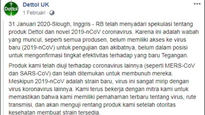 Dettol UK memberikan keterangan terkait virus corona