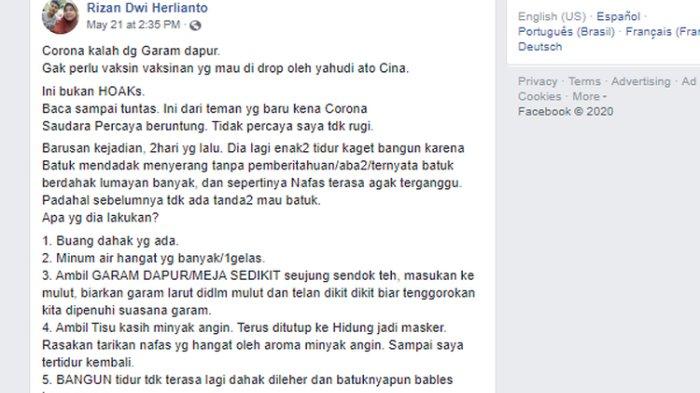 Hoaks garam dapur bisa sembuhkan batuk berdahak dan bunuh virus corona di tubuh