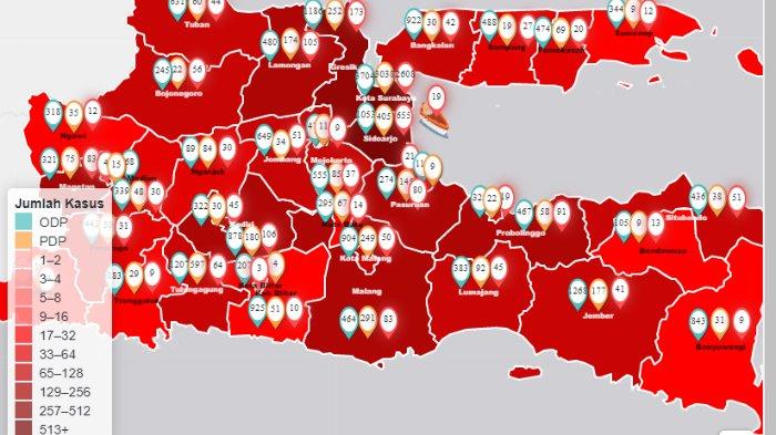 Peta persebaran kasus Covid-19 di Jawa Timur