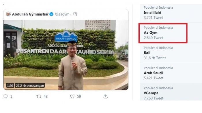 Aa Gym menjadi trending di twitter karena ikut fatwa MUI untuk shalat di rumah. 
