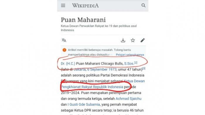 Nama Puan Maharani di Wikipedia Ditambahi Chicago Bulls, PDIP: Selebrasi Para Pecundang Peradaban