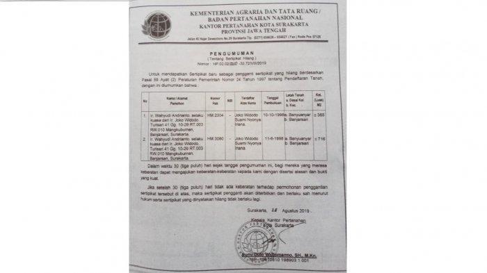 Dua Sertifikat Tanahnya di Solo Raib, Jokowi Minta Ganti Baru