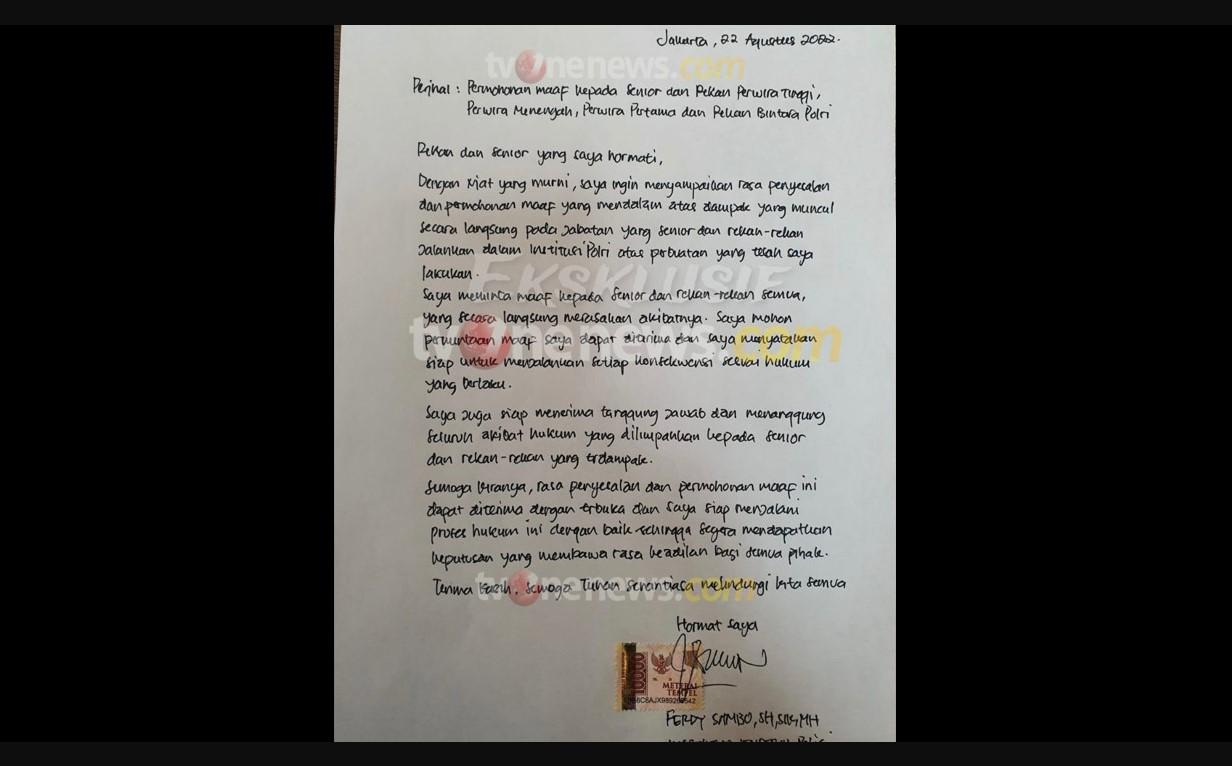 Irjen Ferdy Sambo Kirim Surat Pengakuan Dosa dan Permintaan Maaf ke Polri, Begini Isinya