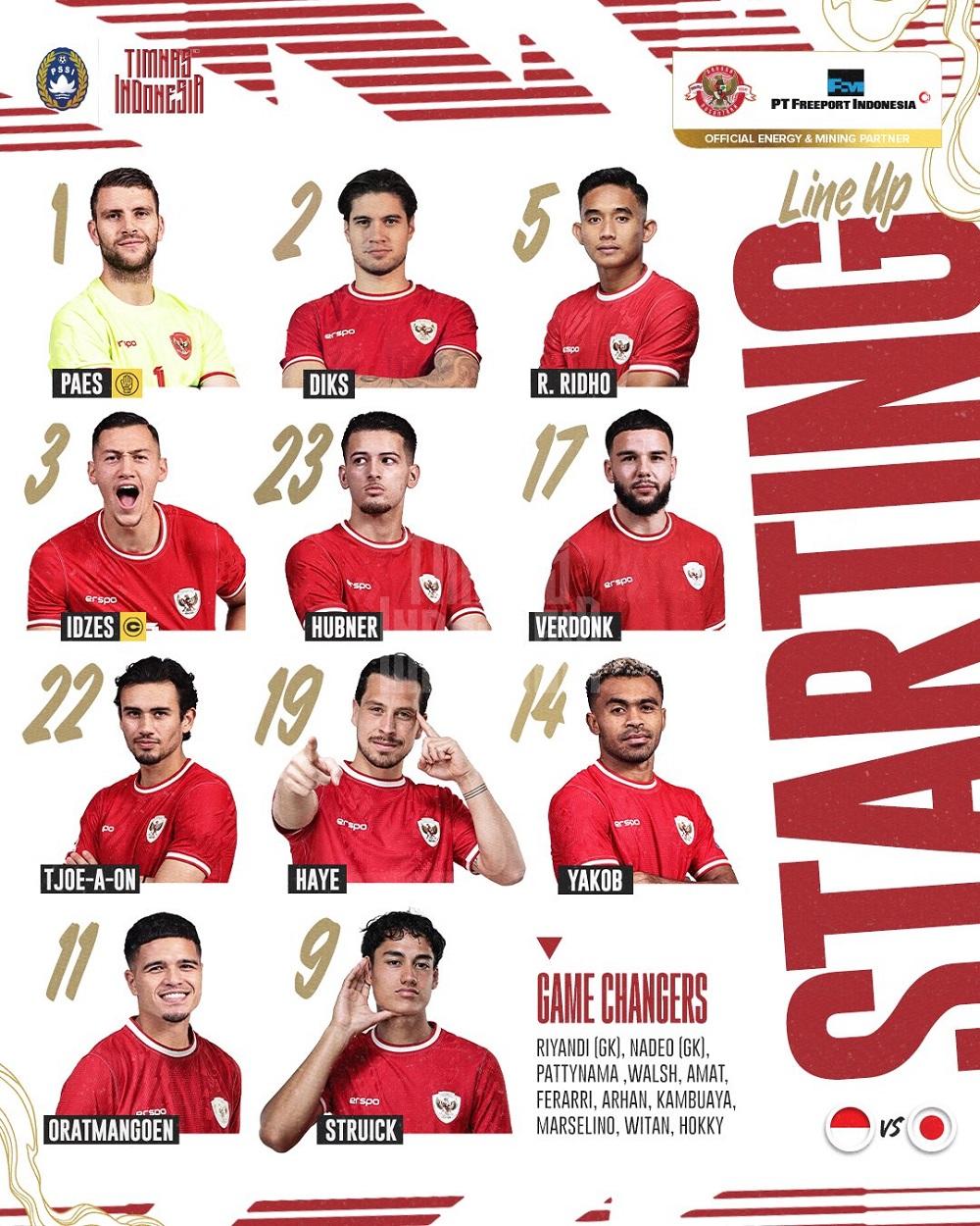 Susunan Pemain Timnas Indonesia vs Timnas Jepang, Kevin Diks Jalani Debut Perkuat Pertahanan Garuda