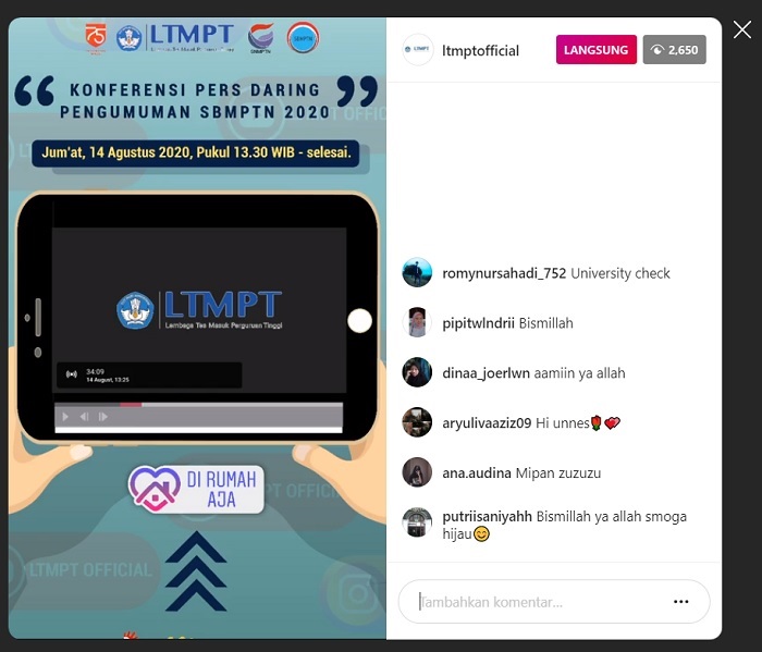 LINK Live Streaming Pengumuman SBMPTN 2020 Jumat Siang Ini, Bisa Lewat Youtube dan Instagram