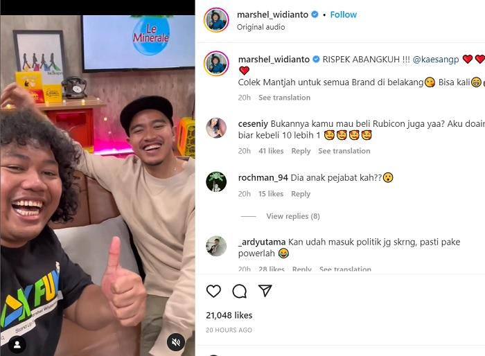 Marshel Widianto Hasut Kaesang Pangarep Ikutan Tren Ugal-ugalan Seperti Anak Pejabat Lain