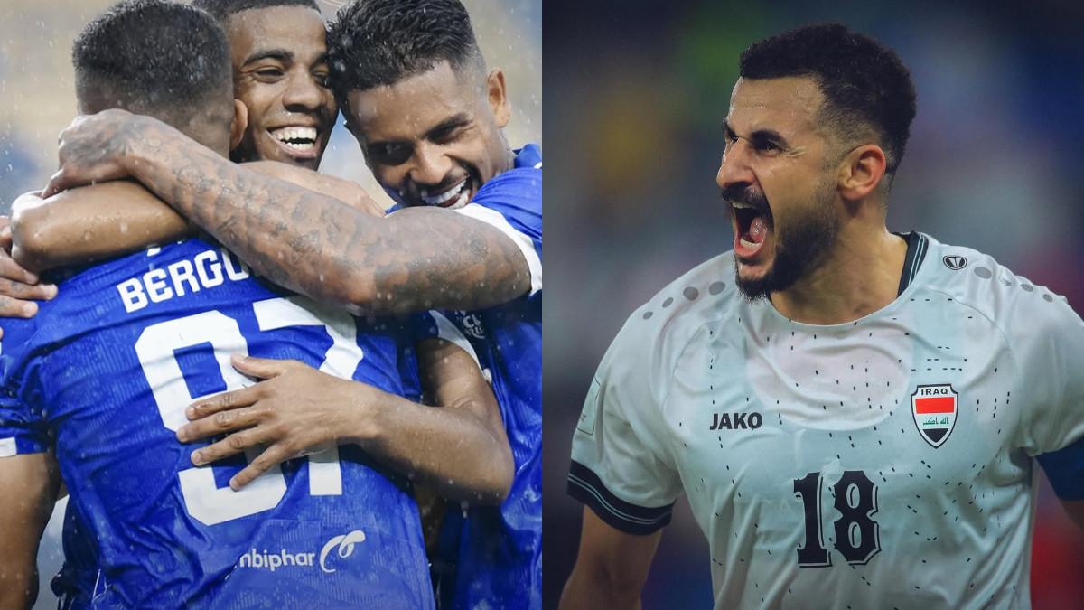 RUMOR TRANSFER PERSIB BANDUNG - Potret selebrasi pemain Persib Bandung (kiri) dan striker Timnas Irak, Aymen Hussein (kanan).