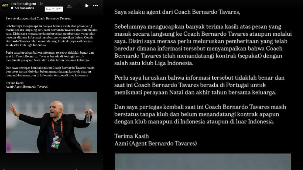 KLARIFIKASI - Agen Bernardo Tavares, Azmi menyatakan bahwa kliennya belum deal dengan tim Super League mana pun.