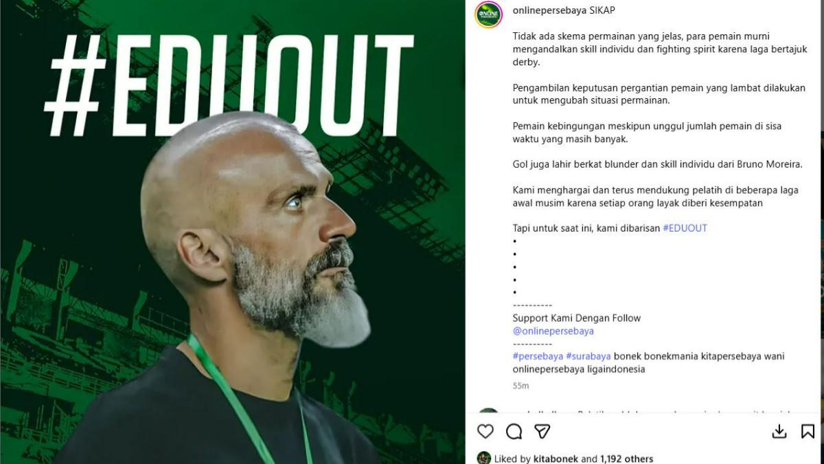 DESAKAN EDU PEREZ OUT - Bonek mendesak agar pelatih Persebaya Surabaya, Edu Perez out, setelah hasil imbang rasa kalah kontra Arema FC, Minggu (22/11/2025).