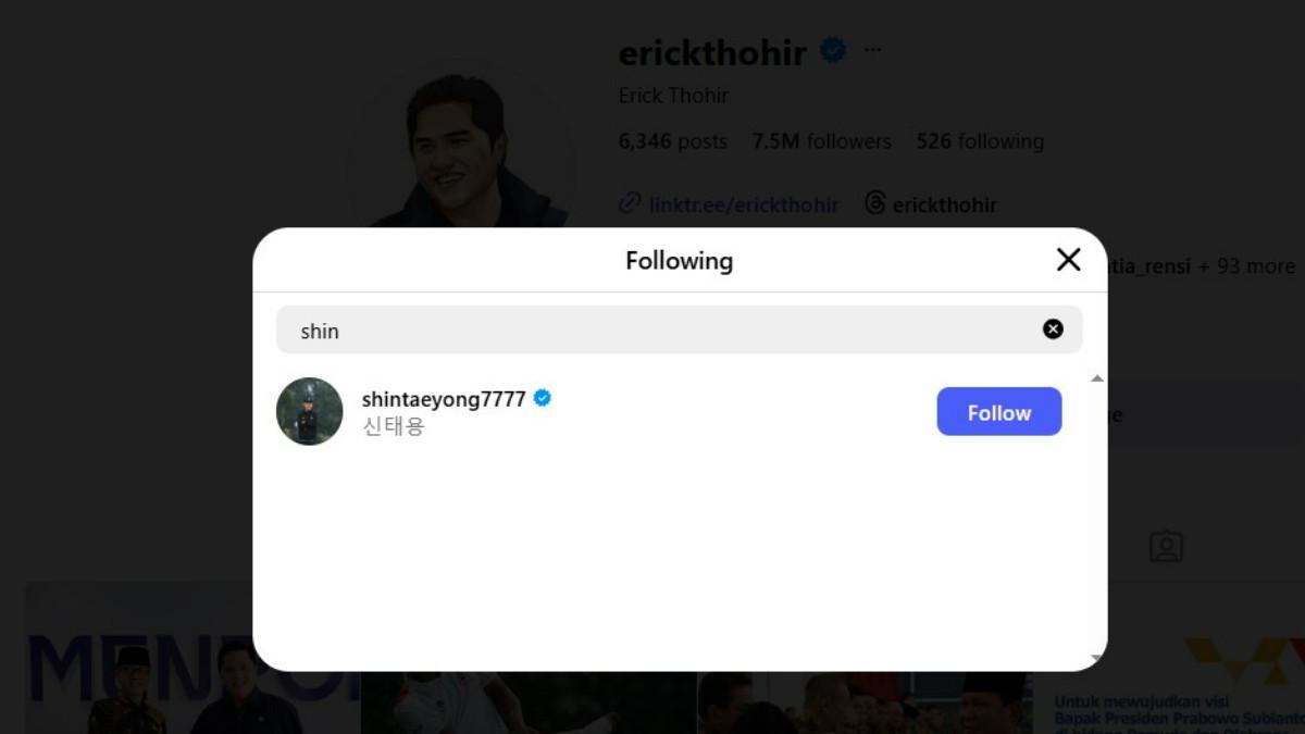 RUMOR PELATIH TIMNAS INDONESIA - Ketum PSSI, Erick Thohir kepergok kembali mengikuti akun Instragram milik mantan pelatih Timnas Indonesia, Shin Tae-yong.