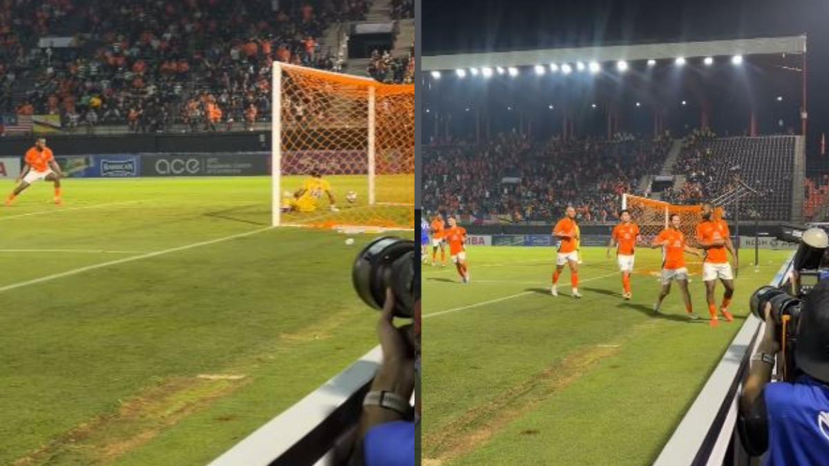 POTRET GOL - Potret terjadinya gol kedua Ratchaburi FC yang dicetak bek asal Prancis eks bidikan Persib Bandung, Gabriel Mutombo.