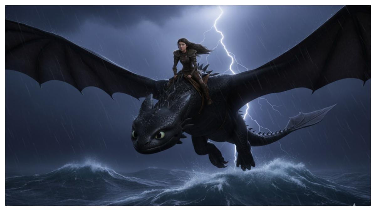 PROMPT FOTO AI - Ubah fotomu jadi seolah menunggangi naga seperti di film How to Train Your Dragon.