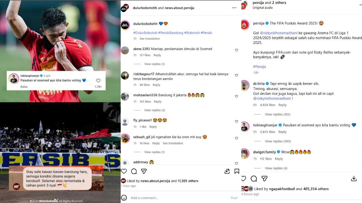 JAKMANIA-BOBOTOH ADEM - Postingan Jakmania dan Bobotoh-Viking Persib yang saling mendukung satu sama lain di tengah rivalitas tinggi. Postingan terlihat dari komentar akun Instagram @news.about.persija dan komentar ketua Viking Persib di Instagram resmi Persija, Jumat (14/11/2025).