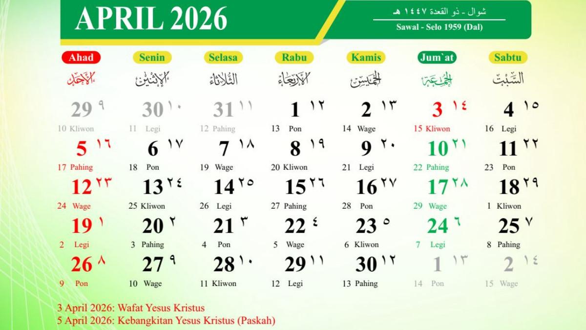 KALENDER 2026 - Kalender 2026 bulan April, versi Kemenag (Kemenag)