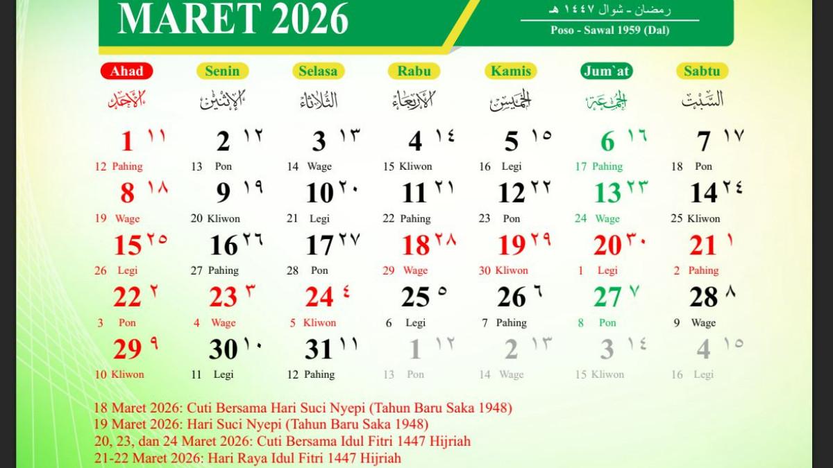 KALENDER 2026 - Kalender 2026 bulan Maret, versi Kemenag (Kemenag)